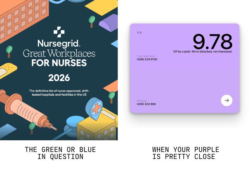 The Nursegrid "Great Workplaces for Nurses 2026" cover beside a color-matching game scoring a near-perfect purple