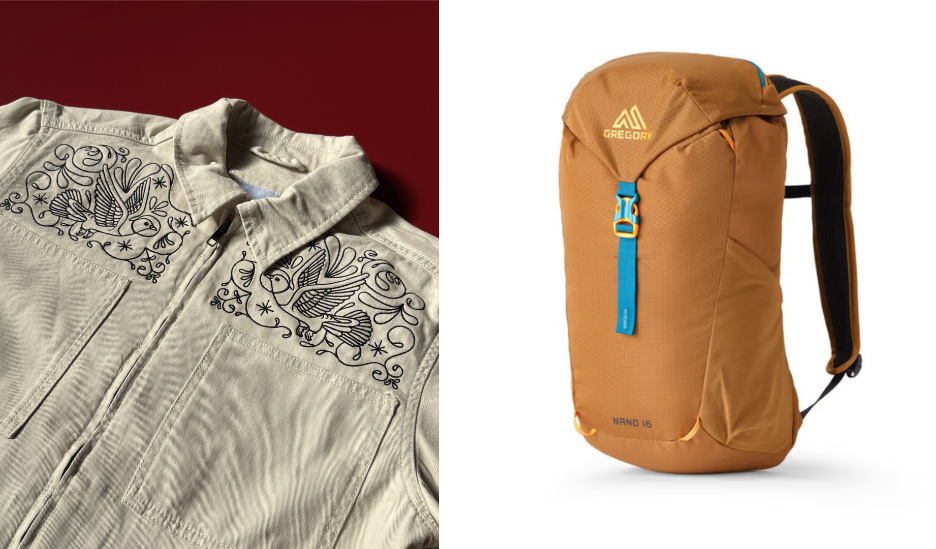 An embroidered Nudie-style work jacket beside a tan Gregory daypack