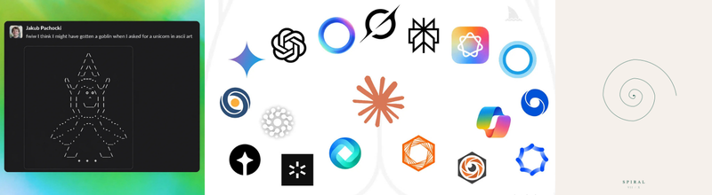 A collage of AI company logos beside an ASCII-art goblin and a minimalist spiral
