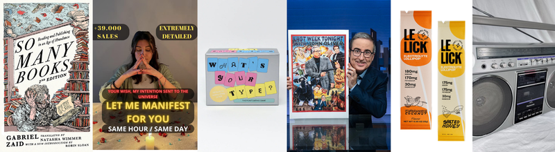 A collage of the recommended purchases: very small books, nail stickers, a typography game, a John Oliver portrait, Le Lick lollipops, and a boombox