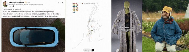 A collage to ponder: a squircle-shaped Ferrari, a map of live subway trains, and bog fashion looks in peat moss and damp wool