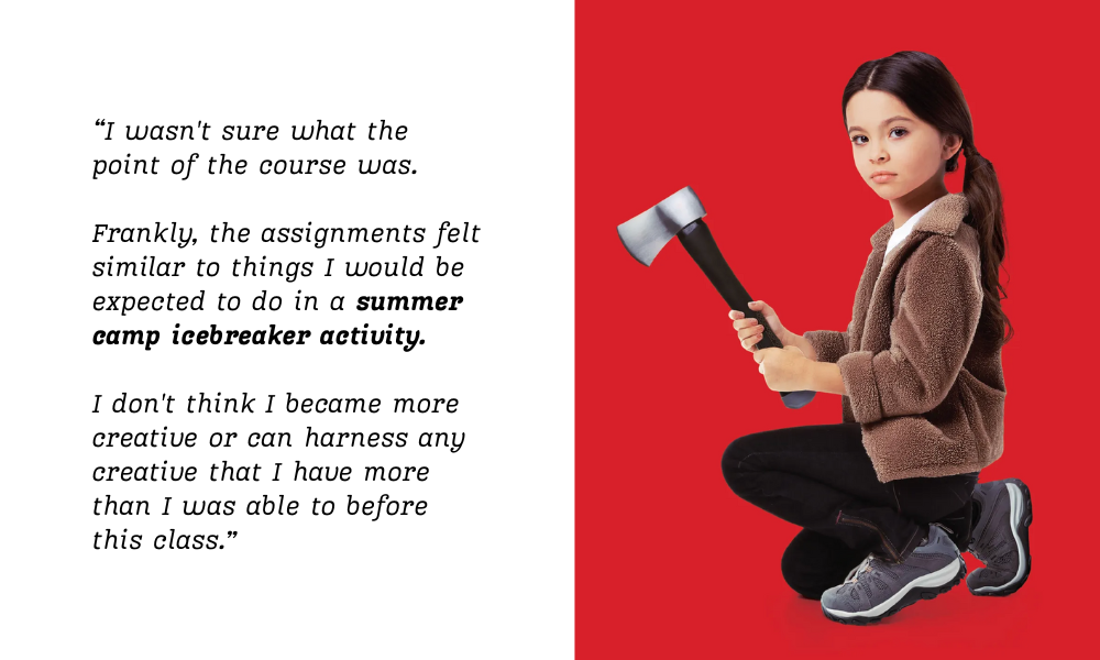 A student's anonymous course review beside an image of a child holding an axe