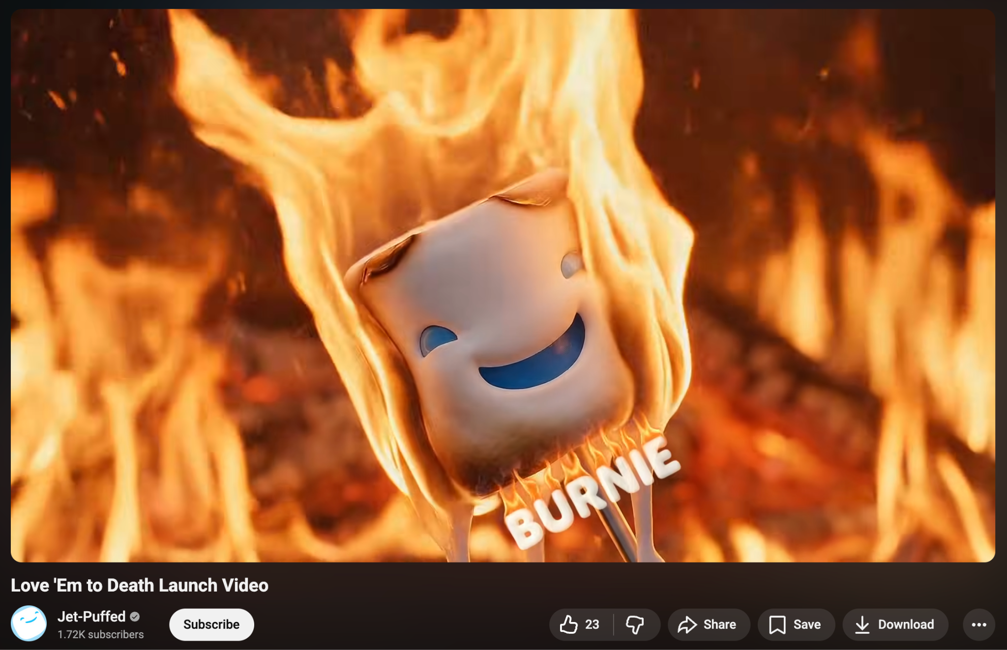 A Jet-Puffed "Love 'Em to Death" ad: a smiling marshmallow roasting in flames