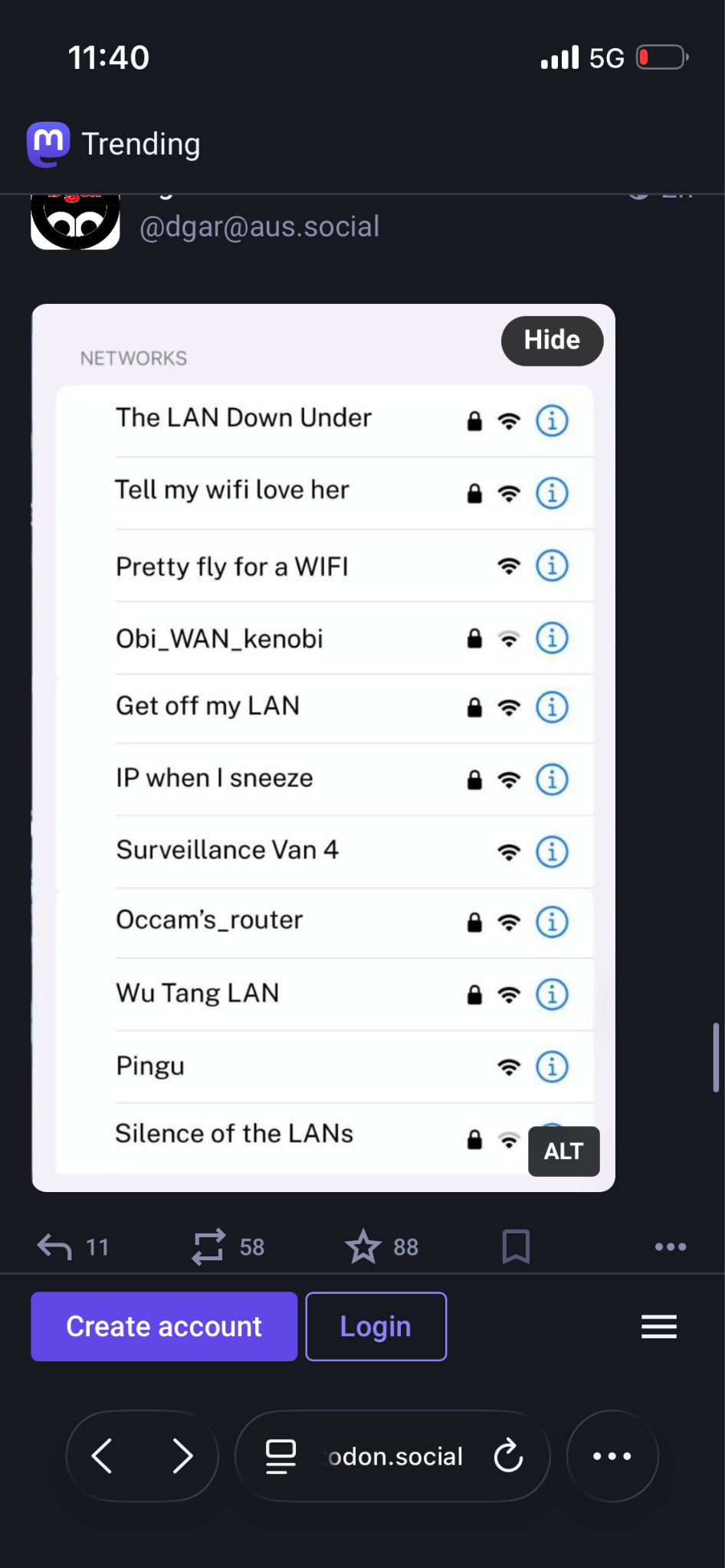 A screenshot of joke Wi-Fi network names like "Pretty fly for a WIFI" and "Obi_WAN_kenobi"