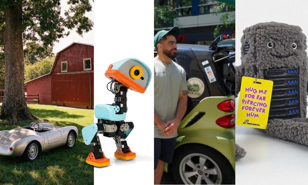 A four-panel collage: a silver 550 Spyder parked by a red barn, a small blue-and-orange robot duck, a man beside his Smart car Pizza Pod, and a gray data center plushie with a tag reading “Hug me for ear piercing forever hum”