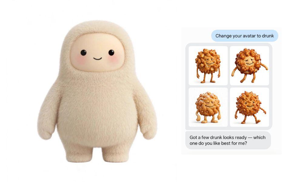 Meta’s fuzzy, cream-colored Muse mascot beside a chat where someone asks it to “Change your avatar to drunk” and it offers four cartoon fried-dough versions of itself