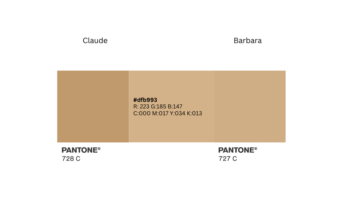 Two tan swatches compared against the target color #dfb993: Claude’s pick, Pantone 728 C, and Barbara’s pick, Pantone 727 C