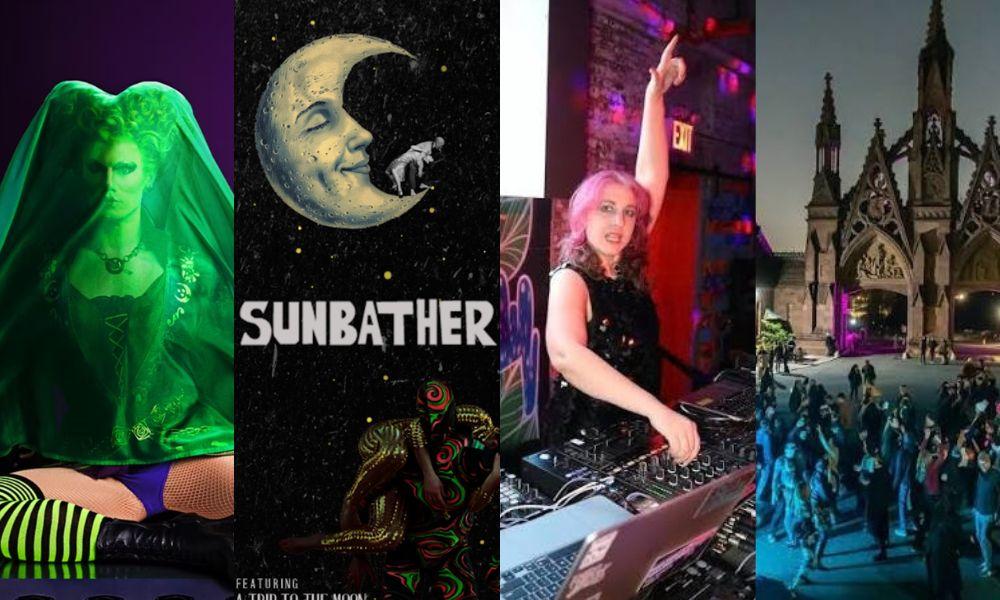 A four-panel Halloween collage: a performer under a glowing green veil, a Sunbather poster featuring the man in the moon from A Trip to the Moon, a pink-haired DJ with her arm raised, and a nighttime crowd outside Green-wood Cemetery’s gothic gate