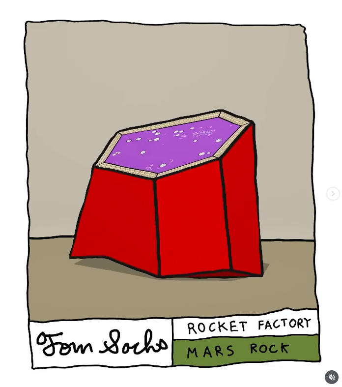 The NFT artwork: a cartoon red "Mars Rock" with a purple geode top, from Tom Sachs: Rocket Factory