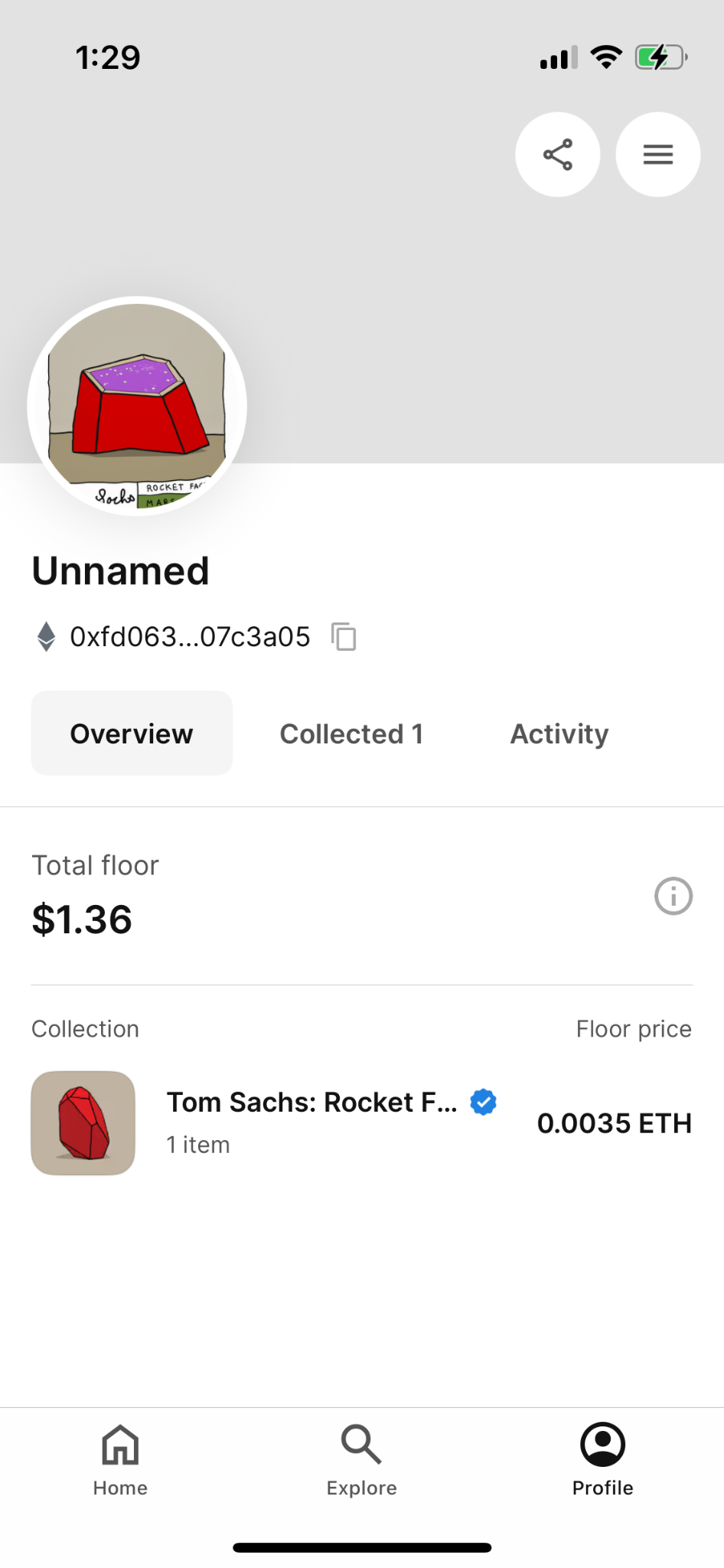An OpenSea app screenshot showing the NFT's total floor price of $1.36