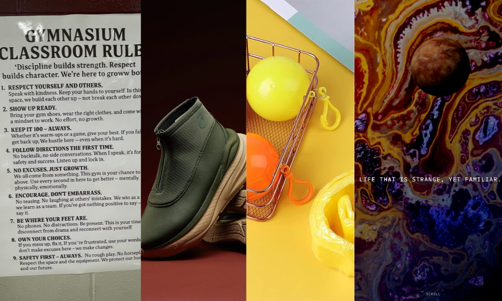 A collage from the Hot Links: a "Gymnasium Classroom Rules" sign, green Clove boots, and a swirl of colored ink